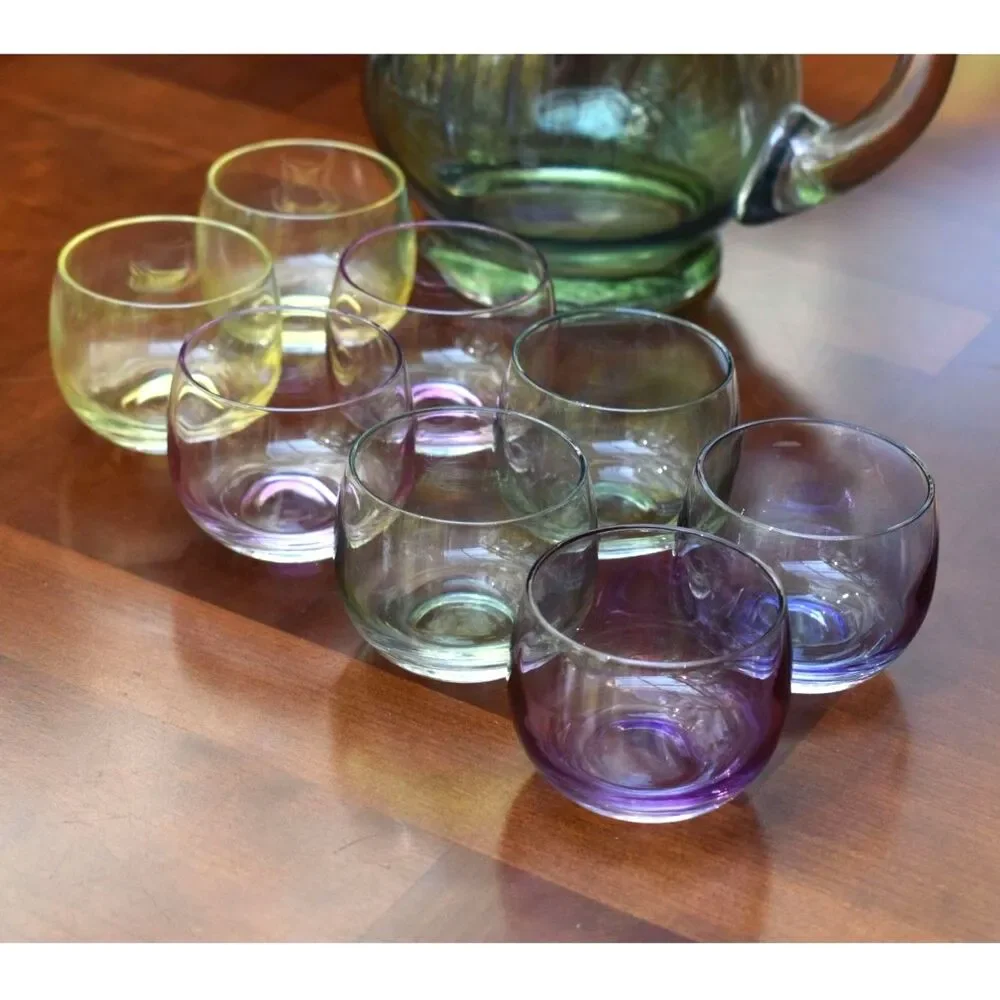 Vintage Gold Strip Glass Pitcher and Set of 8 Roly Poly Cocktail Glasses